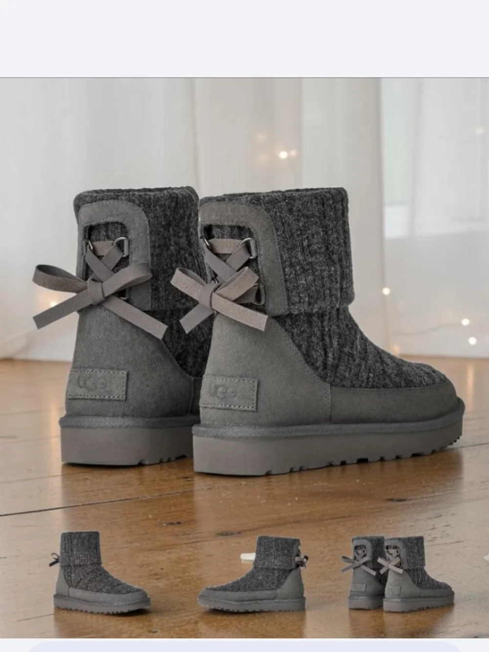 NIB UGG Charcoal Gray Knit Suede Bow Back Boots Size-8